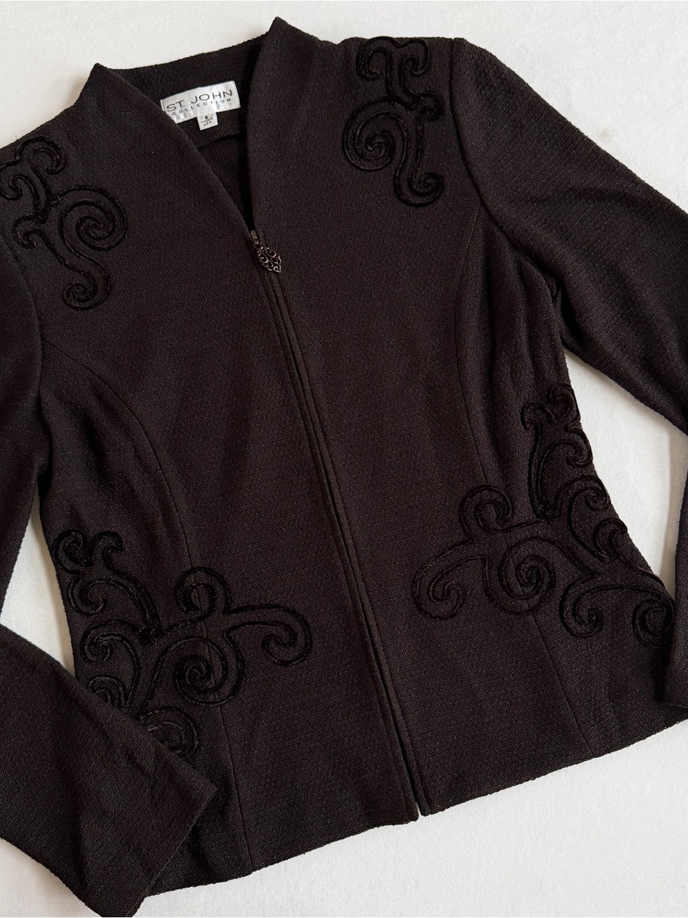 St. John Brown Santana Knit Tweed Embellished Wool Full Zip Jacket Sz 8 USA